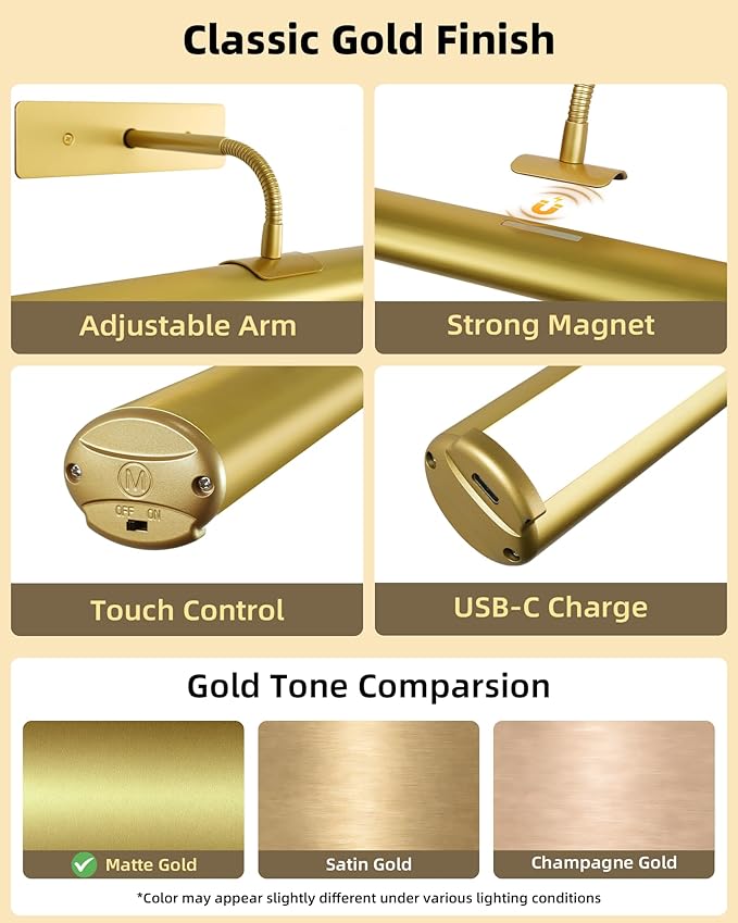 EZVALO Wireless Picture Light for Wall, 13 Inch 4000mAh Rechargeable Battery Painting Light with Remote, 3 Color Temps Dimmable Gold LED Art Light for Gallery, Living Room, Hallway