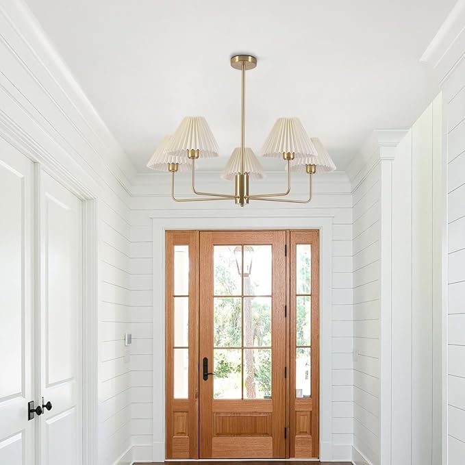 KCO Lighting 5-Lights White Pleated Fabric Pendant Light Mid Century Modern Brushed Gold Sputnik Chandelier Traditional Dining Living Room Chandelier Above Dining Table