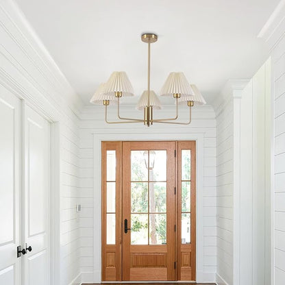 KCO Lighting 5-Lights White Pleated Fabric Pendant Light Mid Century Modern Brushed Gold Sputnik Chandelier Traditional Dining Living Room Chandelier Above Dining Table