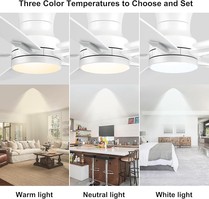 YUHAO 42 Inch Flush Mount White Ceiling Fan with Light and Remote Control.Noiseless,Dimmable,3CCT,6 Speeds Reversible, Low Profile DC Ceiling Fans for Indoor or Covered Outdoor Use,ETL Listed