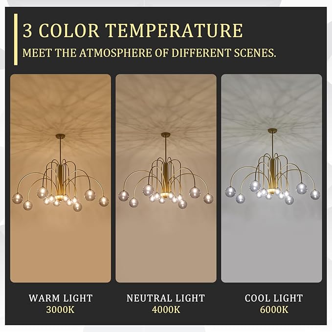 CATINER Gold Chandeliers 12 Lights Modern Sputnik Chandelier Large L52”Mid Century Ceiling Pendant Light Fixtures with Smoke Glass Globe Shades for High Ceiling Living Dining Room Foyer Staircase