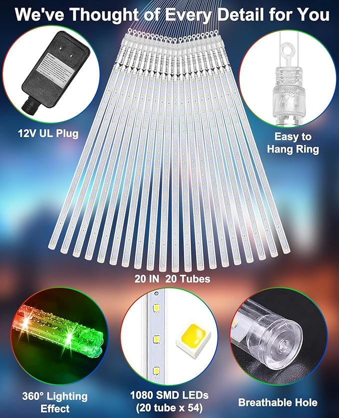 EAGWELL Meteor Shower Lights UL Certified 1080 LEDs 20 Tubes Falling Rain Drop Ramadan Lights Cascading Lights for Xmas Tree Halloween Decorations Wedding Party Holiday Garden Decor, Multicolor