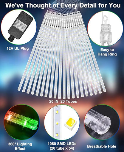 EAGWELL Meteor Shower Lights UL Certified 1080 LEDs 20 Tubes Falling Rain Drop Ramadan Lights Cascading Lights for Xmas Tree Halloween Decorations Wedding Party Holiday Garden Decor, Multicolor
