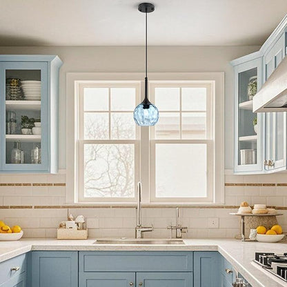 Glass Pendant Lights Kitchen Island: 5.91'' 1-Light Blue Hammered Glass Pendant Light with Black Finish - Modern Minimalist Hanging Light Fixture for Kitchen Sink Dining Room Bedroom- E26 Base