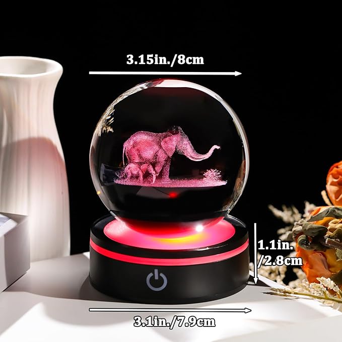 YWHL 3D Elephant Crystal Ball Figurine with Colorful Light Base, Elephant Gifts for Mom Women Men Elephants Lovers, Decorative Elephants Ball Glass Animal Globe Night Light for Home Decor (80mm)