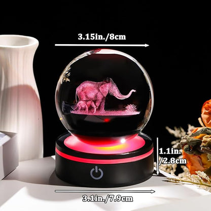 YWHL 3D Elephant Crystal Ball Figurine with Colorful Light Base, Elephant Gifts for Mom Women Men Elephants Lovers, Decorative Elephants Ball Glass Animal Globe Night Light for Home Decor (80mm)