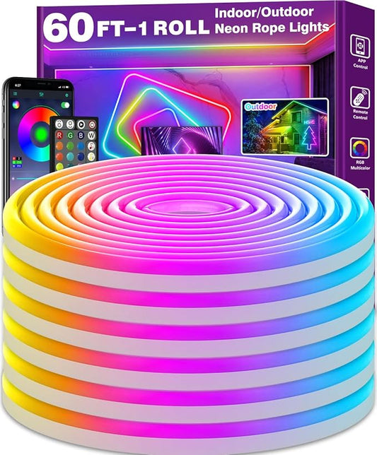 AILBTON 60Ft Neon Rope Lights,Flexible Led Rope Lights Control with App/Remote,Multiple Modes RopeLights,IP65 Outdoor RGB Led Neon Lights NonWater Resistant,Music Sync Gaming Led NeonLight Strip