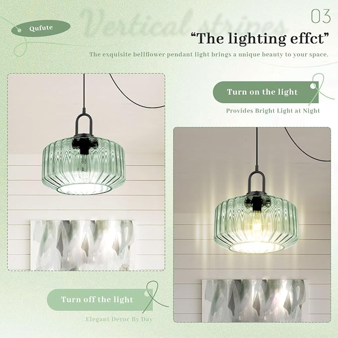 Plug-in Hanging Lamp Light Green Pendant Lights with 14.7 ft Cord Vintage Large Striped Glass Pendant Lamp Modern Glass Hanging Light Plug in Chandelier Lighting Mid Century Swag Lamp