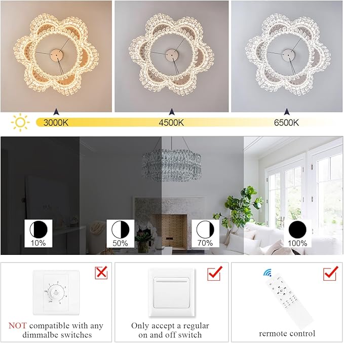 24’’ Crystal LED Chandelier with Remote Control Dimmable 3000-6500K Contemporary Luxury Chandeliers Modern Chrome Light Fixture for Dining Living Room Kitchen Island Foyer Entryway