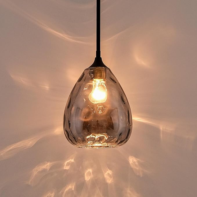 Smoked Hammered Glass Pendant Light with Matte Black Accent, Adjustable Hanging Lamp for Kitchen, Dining Room, and Living Room (Black & Smoked Glass)