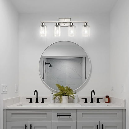 Ascher Bathroom Light Fixtures, 4-Light Vanity Lights with Clear Glass Shade, Modern Brushed Nickel Wall Light for Mirror Bedroom Hallway Cabinet Porch