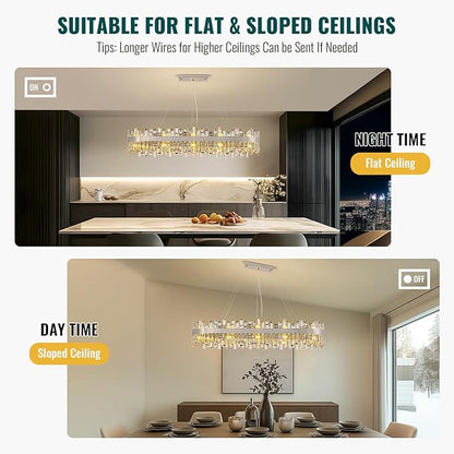 Siljoy L52'' Large Rectangular Crystal Chandelier for Dining Room, 20-Light Modern 2-Tiers K9 Crystal Raindrop Chandelier, Adjustable Height Crystal Ceiling Light for Living Room Kitchen Island
