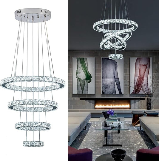 Modern Crystal Chandelier, Dimmable 4 Rings LED Linear Chandelier Dining Room Light Fixture with Remote for Entryway, Bedroom,Living Room and Foyer