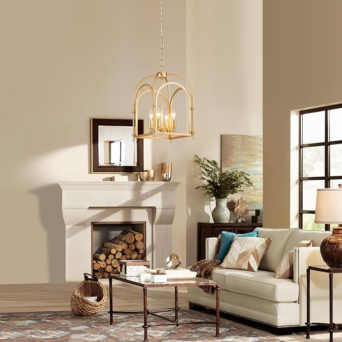 4-Light Gold Chandelier, Modern Farmhouse Lantern Chandelier with Rustic Cage Hanging Pendant Light Fixture for Kitchen Island Bedroom Living Room Entryway Foyer, Dining Room Light Fixtures Over Table
