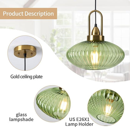 12 Inch Green Pendant Lights Vintage Chandelier Pendant Lighting Modern Mid Century Hanging Lights Adjustable Kitchen Island Light for Dining Room Bedroom Hallway