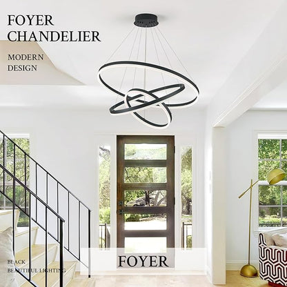 3-Rings Modern LED Chandelier Black, Dimmable Pendant Lighting with Remote Control Circular Flush Mount High Ceiling Light for Living Room Dining Room Foyer, 3000K-6500K D31.5’’