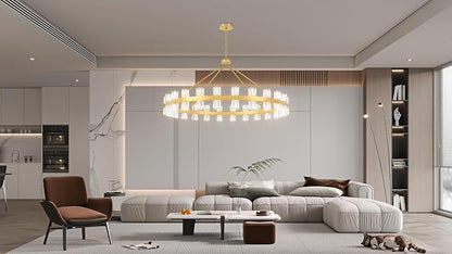 48 Inch Gold Wagon Wheel Chandelier with Crystal Shade, 48 Lights, Modern Farmhouse Style, Ideal for Dining Room, Kitchen, Entryways