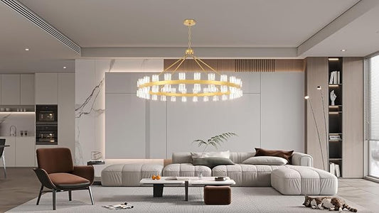 48 Inch Gold Wagon Wheel Chandelier with Crystal Shade, 48 Lights, Modern Farmhouse Style, Ideal for Dining Room, Kitchen, Entryways