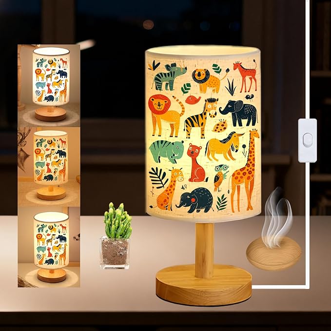 Safari Animal Kids Bedside Table Lamp for Bedroom, 3 Colors Nightstand Light Lamp with Wood Base Round Flaxen Fabric Shade Desk Reading Lamp for Girls Boys Room Decor, Animal Nursery Stuff Boys Gifts