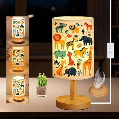 Safari Animal Kids Bedside Table Lamp for Bedroom, 3 Colors Nightstand Light Lamp with Wood Base Round Flaxen Fabric Shade Desk Reading Lamp for Girls Boys Room Decor, Animal Nursery Stuff Boys Gifts