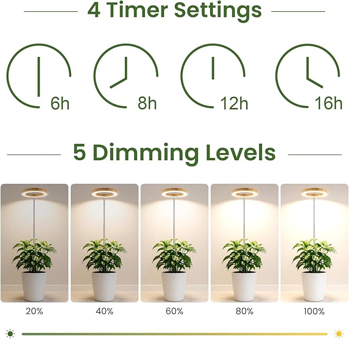 LBW Grow Lights for Indoor Plants, 6.3" Full Spectrum Plant Light with Base, 65" Height Adjustable Grow Lamp, 6/8/12/16H Timer, 3 Colors, 5 Dimmable Levels, for Tall Large Plants, Bamboo Grain, 2 Pack