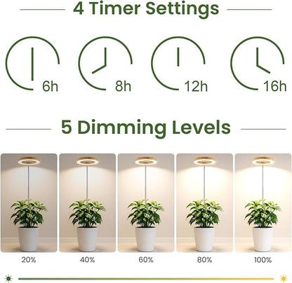 LBW Grow Lights for Indoor Plants, 6.3" Full Spectrum Plant Light with Base, 65" Height Adjustable Grow Lamp, 6/8/12/16H Timer, 3 Colors, 5 Dimmable Levels, for Tall Large Plants, Bamboo Grain, 2 Pack