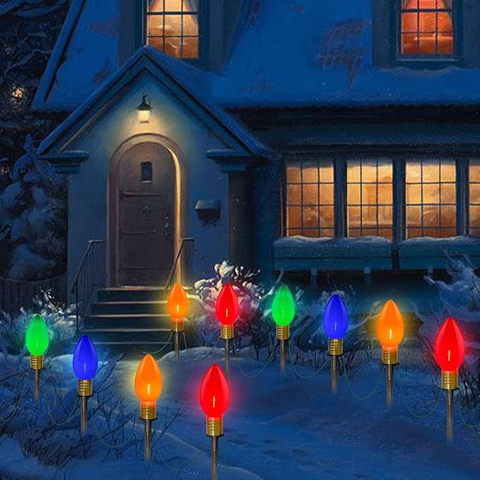 2 Pack C9 Christmas Pathway Stake Lights, 14Ft Total Outdoor Christmas Decorations with 8 Jumbo Multicolor LED Bulbs, Energy Saving Walkway Lights for Lawn Yard Garden Driveway Sidewalk Holiday Decor