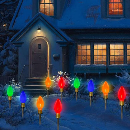 2 Pack C9 Christmas Pathway Stake Lights, 14Ft Total Outdoor Christmas Decorations with 8 Jumbo Multicolor LED Bulbs, Energy Saving Walkway Lights for Lawn Yard Garden Driveway Sidewalk Holiday Decor