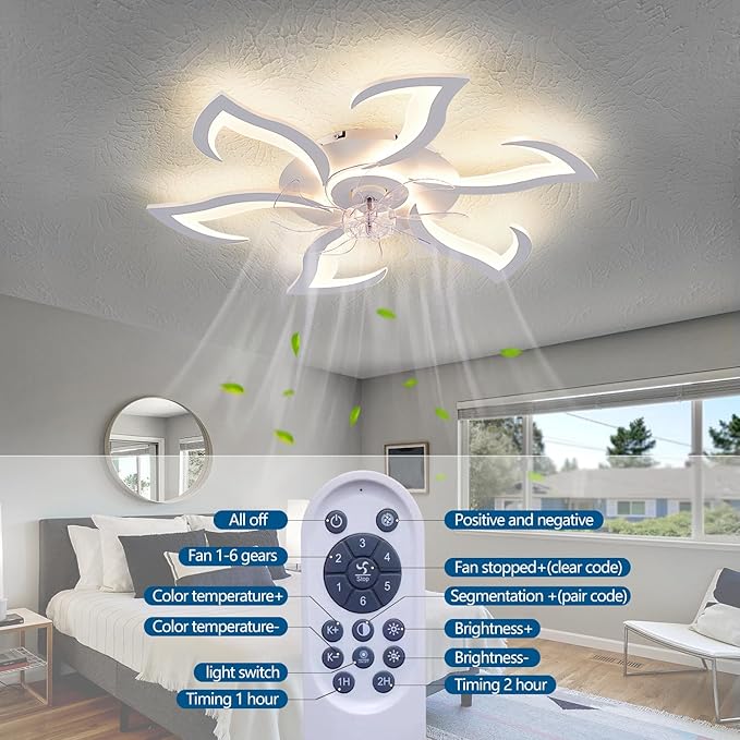 32" White Geometric Modern 6-Head Ceiling Fan with Lights Remote Control, Low Profile Ceiling Fan with Light for Kitchen Bedroom Living Room