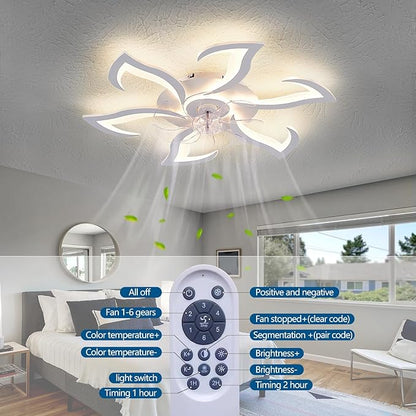 32" White Geometric Modern 6-Head Ceiling Fan with Lights Remote Control, Low Profile Ceiling Fan with Light for Kitchen Bedroom Living Room