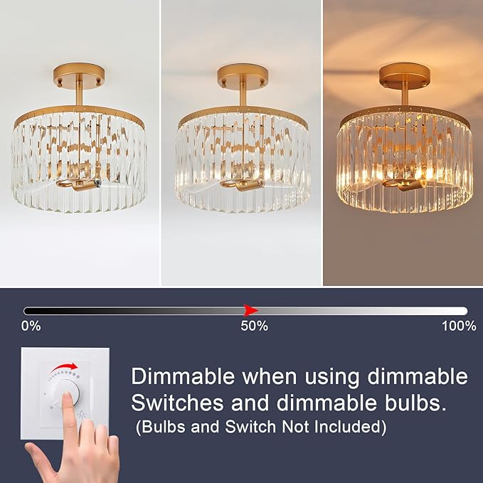 12" Gold Semi Flush Mount Crystal Ceiling Light Fixtures for Kitchen Modern Industrial 2-Light Small Chandeliers Lighting for Bedroom Entryway Hallway Living Dining Room Foyer