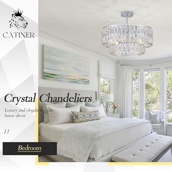 CATINER 20'' Modern Crystal Chandelier Luxury 6-Lights Chrome Semi Flush Mount Ceiling Light Fixtures Round Crystal Pendant Chandelier for Living Room Dining Room Kitchen Foyer Bedroom