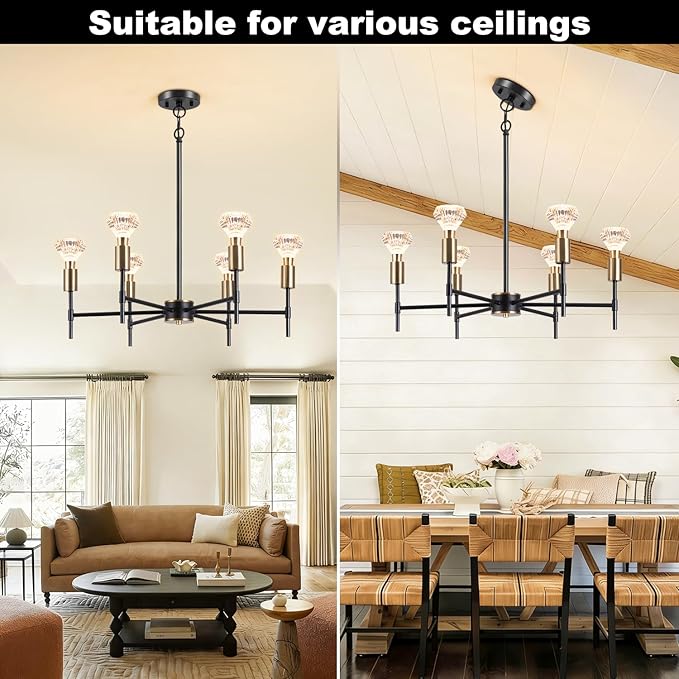 Black pendant light, 6-light dining room light fixture, height adjustable hanging restaurant lighting fixture, suitable for industrial retro pendant lights in farmhouses, kitchens, living rooms