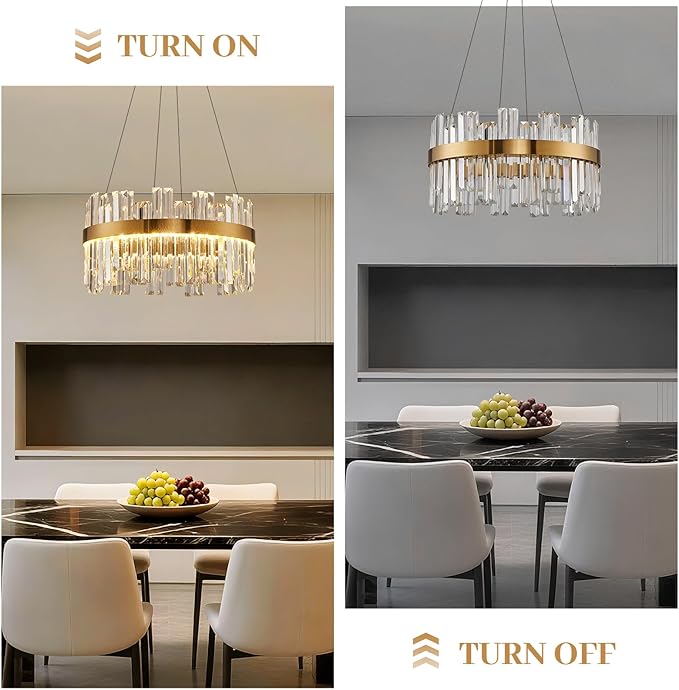 Gold Modern Crystal Led Chandelier: 19.7" Dimmable K9 Crystals Chandeliers over Table - Golden Luxury Round Drum Chandelier - Height Adjustable Sparkly Chandelier for Dining Room Living Room Bedroom