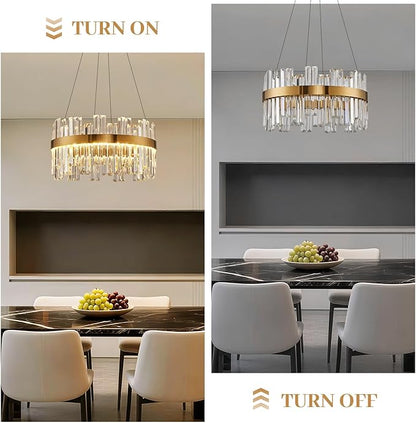 Gold Modern Crystal Led Chandelier: 19.7" Dimmable K9 Crystals Chandeliers over Table - Golden Luxury Round Drum Chandelier - Height Adjustable Sparkly Chandelier for Dining Room Living Room Bedroom