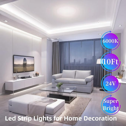 Under Cabinet Lighting Kit Small Led Strip Lights 10 ft White, Dimmable Flexible LED Lights Strip, 180 Leds, Super Bright LED Tape Rope Lights for for Kitchen Cabinets, Shelf, Desk, Counter