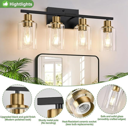 Indoi 4-Light Bathroom Light Fixtures, Black and Gold Modern Vanity Lights with Clear Glass Shades, Bathroom Wall Lamp for Mirror Living Room Cabinet Bedroom Porch