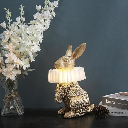 Gold Standing Bunny Lamp, Resin Scarf Rabbit Table Lamp with White Pleated PC Lampshade, USB Plug LED Nightstand Lamp, Cute Bedside Night Light for Bedroom Nursery Home Decor