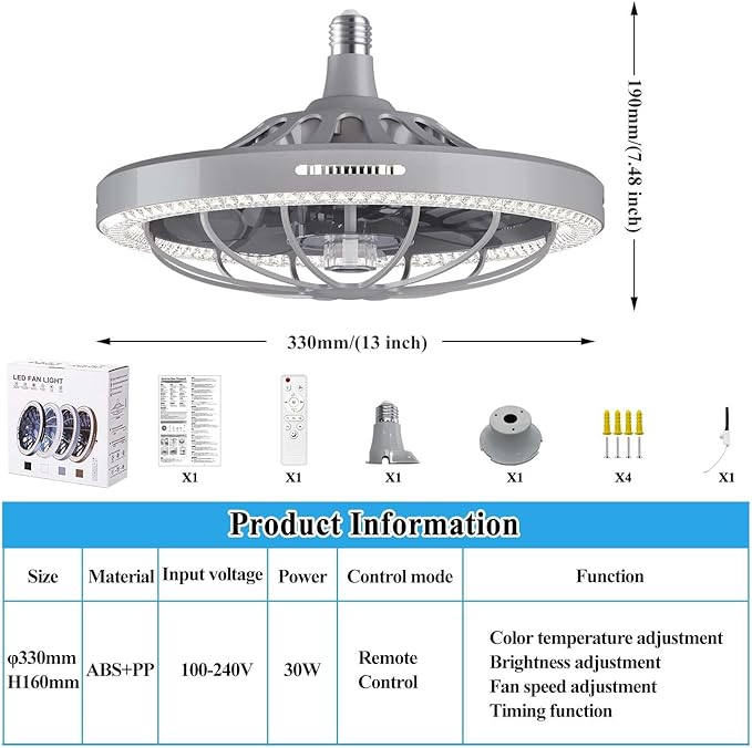 Socket Fan Light with Remote, 13 inch Socket Ceiling Fan with Dimmable Led Light, 3 Colors 3000K-6500K, 3 Speeds, Flush Mount Ceiling Fans with Lights for Bedroom, Kitchen, Living Room-Gery