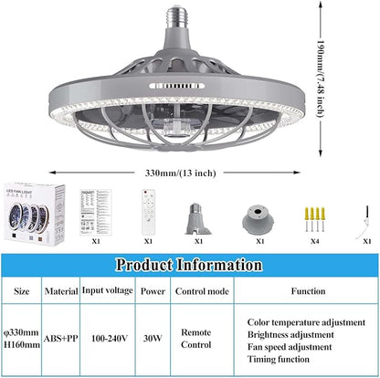 Socket Fan Light with Remote, 13 inch Socket Ceiling Fan with Dimmable Led Light, 3 Colors 3000K-6500K, 3 Speeds, Flush Mount Ceiling Fans with Lights for Bedroom, Kitchen, Living Room-Gery