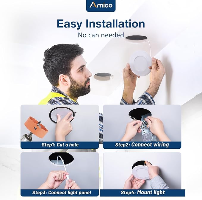 Amico 6 Pack 3 Inch 5CCT Ultra-Thin LED Recessed Ceiling Light with Junction Box, 2700K/3000K/3500K/4000K/5000K Selectable, 7W Eqv 60W 500LM Brightness Dimmable Canless Wafer Downlight, ETL