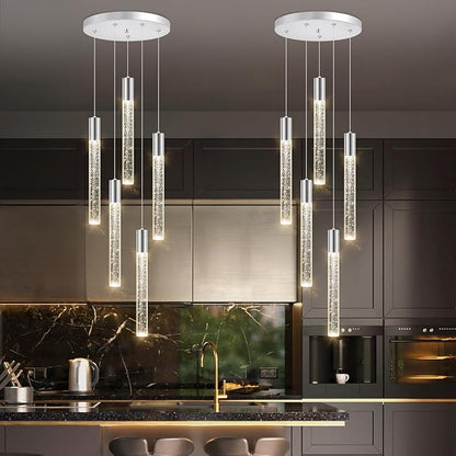 HAIXIANG 5-Lights Chandelier Modern Crystal Glam Light Remote Dimmable Pendant Lighting for Kitchen Island Dining Room Shiny Silver Light