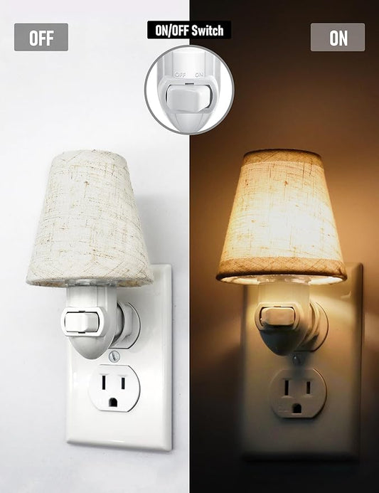 Vintage Plug in Night Light with Switch, 2-Pack 0.5W LED Night Lights Plug into Wall Socket, Soft Warm Baby Nursery Nightlight with Linen Fabric Lamp Shade for Adult Kids Room Bathroom Hallway