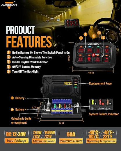 Auxbeam 8 Gang Switch Panel RB80 Toggle Momentary Pulsed RGB Dimmable Switch Panel Multifunction Panel Two Sided Output Marine Switch Panel IP65 Waterproof for Car Boat RV, 3 Years Warranty