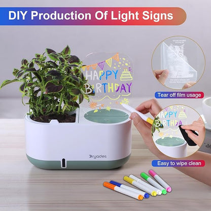 Self-Watering Plant Pot with LED Note Board & 7 Colors Pen Acrylic Message Board with Light Acrylic Dry Erase Board, Led Cat Board Night Light with Planting Pot for Children's Day Gifts(No Plant&Seed)