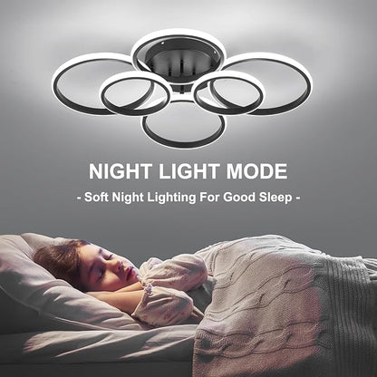 Modern Ceiling Lights, 6 Rings Dimmable Black LED Ceiling Light Fixtures with Remote Control, 60W Close to Ceilings Lighting for Living Room, Bedroom, Dining Room