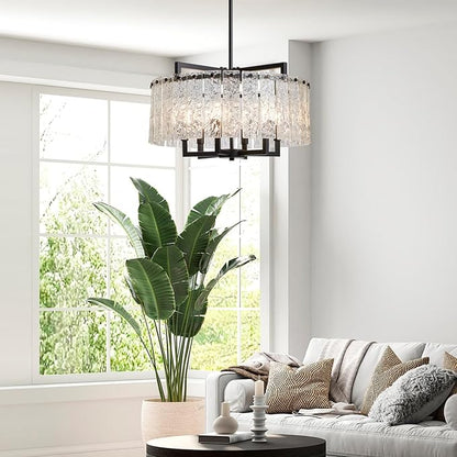 Shrine Lighting Crystal Chandeliers, Modern Luxury Style, Perfect Pendant Light Fixture for Living Space, D20'' × H4'', Adjustable 43'', 6 x E12 Sockets, Glass Shade & Black Finish Frame