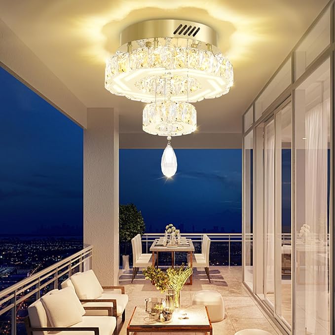 Flashing God Small Crystal Chandeliers Dia 12" Gold Chandelier Flush Mount Ceiling Light for Bedroom Living Room Dining Room Hallway Dimmable 3 Rings LED Celing Lighting Fixtures