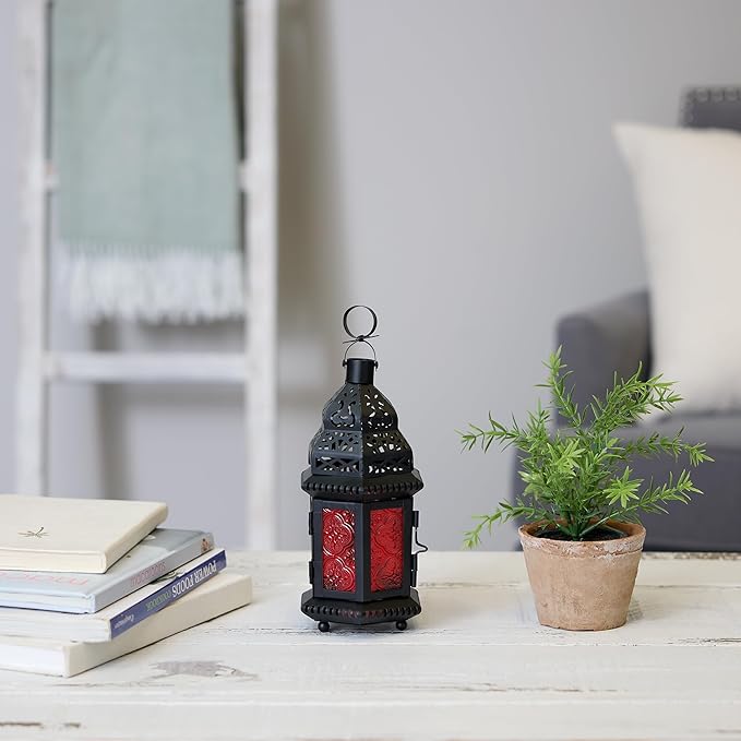 Zingz & Thingz Moroccan Style Candle Lantern Holder, Decorative Light Home Decor, Indoor & Outdoor, 10.25" Tall, Black with Red Glass