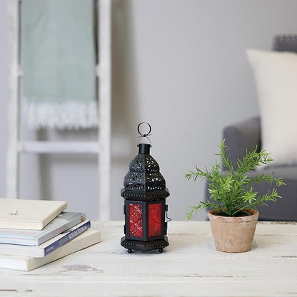 Zingz & Thingz Moroccan Style Candle Lantern Holder, Decorative Light Home Decor, Indoor & Outdoor, 10.25" Tall, Black with Red Glass
